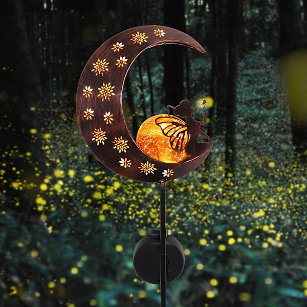 TERESA'S COLLECTIONS Utomhus solcellslampa 100 cm metallmåne solcells LED-glaskula trädgårdslampa vattentät stiglampa med blomsterfe och jordspik