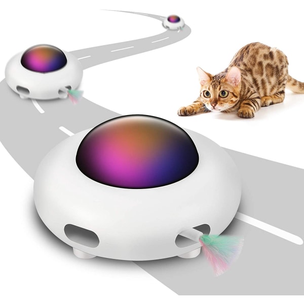 Interaktiv kattleksak för inomhuskatter med roterande fjäder, UFO interaktiv elektronisk kattleksak (smart läge, låg ljudnivå, automatisk avstängning, slumpmässig rörelse)