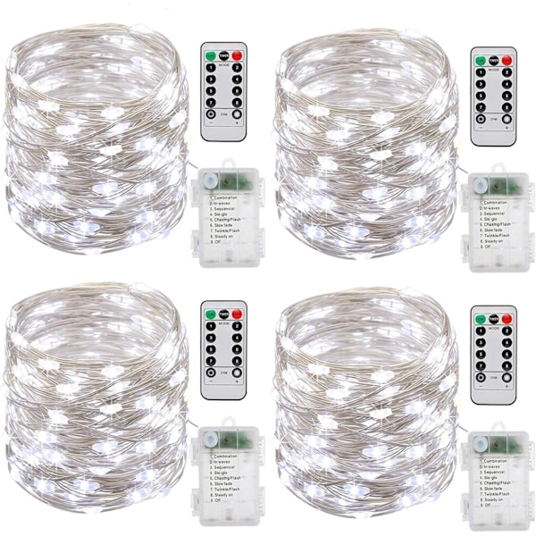 Batteridrivna ljusslingor, [4-pack] 10m 100 LED-lampor Timerfunktion med fjärrkontroll IP65 Vattentät, Koppartråd med 8 ljuslägen för inomhusbruk