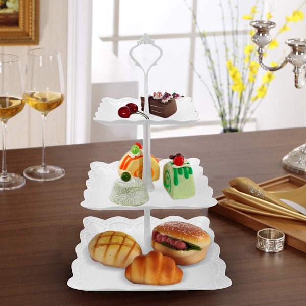 3-vånings kakställ, vitt plast kakställ, kakställ, dessert cupcake-display, våningsfat kakställ för bröllop födelsedagstårta