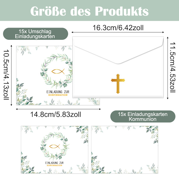 15x inbjudningskort till konfirmation med 15x kuvert inbjudningskort, papperskonfirmationskort med fisk guld, 10,5*14,8cm dop konfirmation