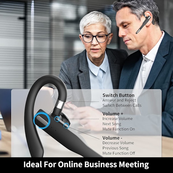 Trådlöst Bluetooth Headset, Brusreducering &amp; Handsfree-samtal, LED Laddningsfodral Ultralång Standby, Bekväm Öronsmärtafri Design, 10mm