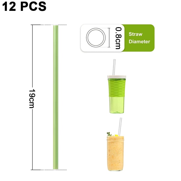 12 st Återanvändbara sugrör i glas, klara sugrör, gröna