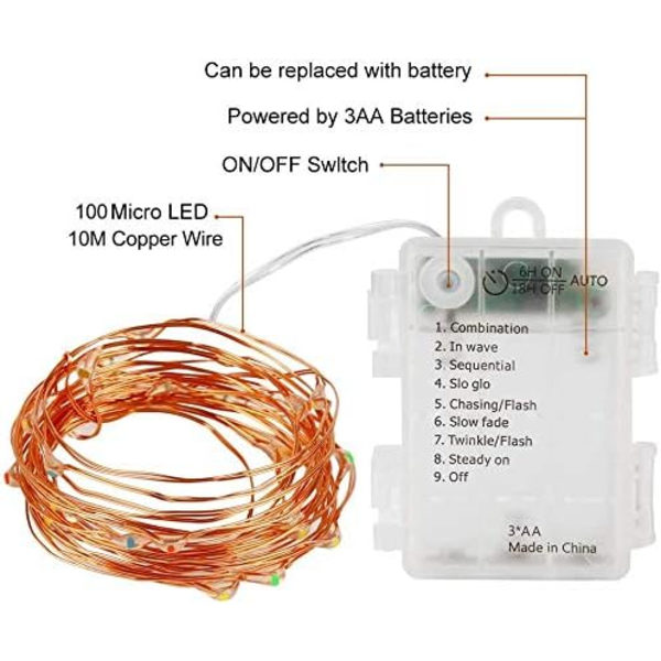2-pack LED-ljusslingor 10m 100 8 lägen utomhusbelysning koppartråd batteridriven IP67 vattentät med fjärrkontroll och timer för utomhus,