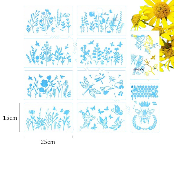 Vildblomsschabloner, 12 stycken vildblomsschabloner för målning på trä, åkerväxter, bin, fåglar, löv, fjärilar, ritmallar för vägg,