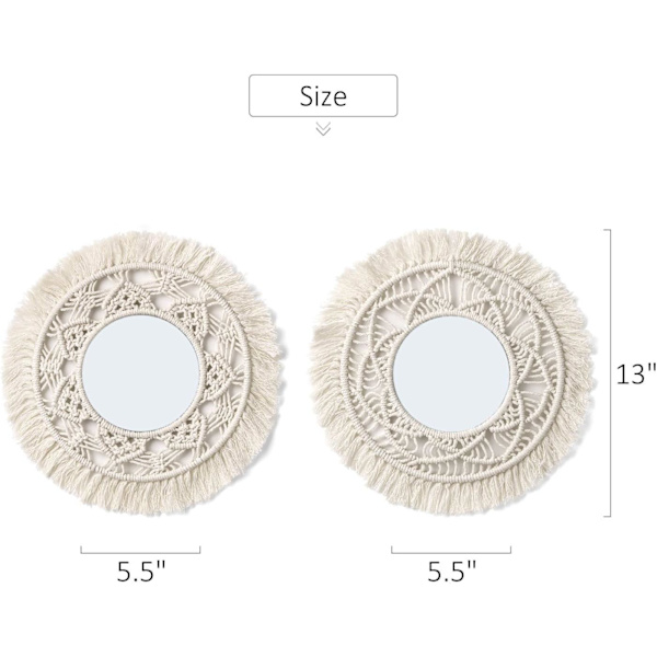Väggmonterad spegel med fransar i macramé, 2 set små runda dekorativa boho antika speglar för lägenhet vardagsrum sovrum baby