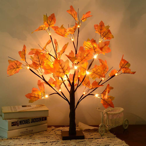 24 LED bordsbelysning lönnblad batteridriven, Thanksgiving middagsbordsdekoration, lönnblad och ekollon höstträd för inomhusfamilj