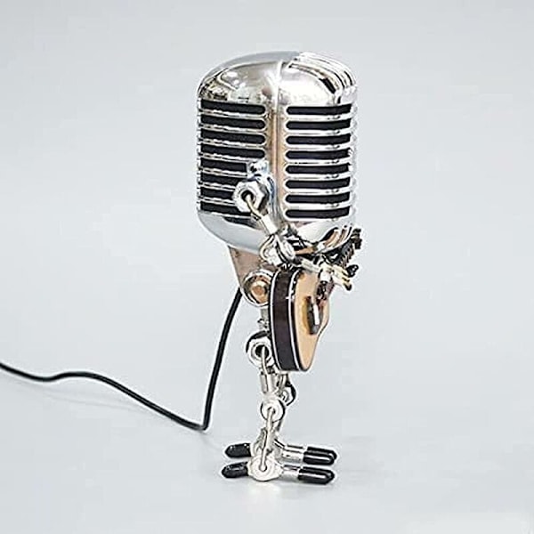 Unik Mikrofon Robot Lampa, Metall Mikrofonrobot med Mini Gitarr, Retro Metall Industriell Stil Skrivbordslampa för Heminredning, Justerbara Leder för