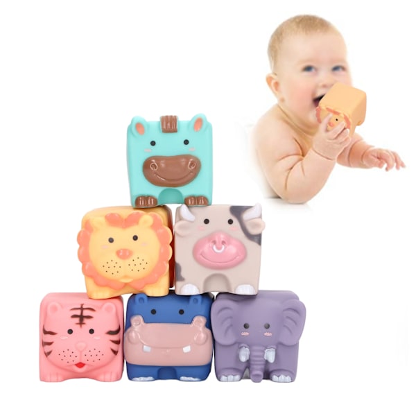 6 st/set Baby Animal Blocks PVC Mjuka Byggklossleksaker Bitleksaker Tuggbara Klämbara för 6 månader och uppåt Småbarn