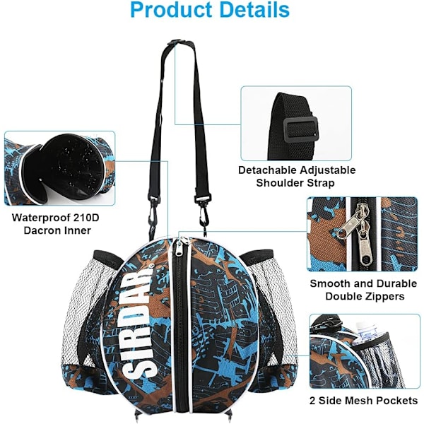 Basketbollryggsäck med bollpump 2 nålar, storlek 7/29,5\" basketbollväska med justerbar axelrem 2 sidofickor i mesh, sportutrustningsväska för