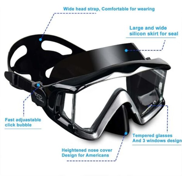 Panoramisk dykmask för vuxna med snorkel, härdat glas, dykmask av premiumkvalitet, simglasögon med nässkydd, dykutrustning