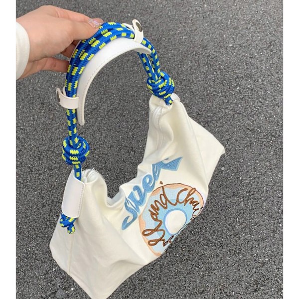 Stor kapacitet Canvas Väskor Handbroderad Underarm Väska Mångsidig Dam Tote Väska för Shopping Blå