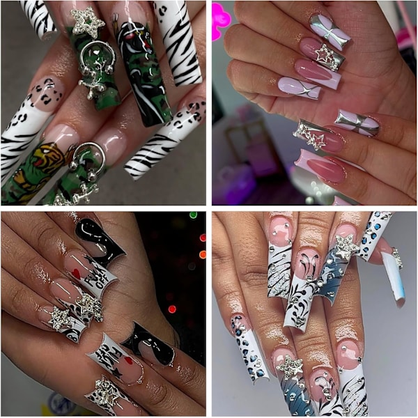 110 stjärnformade nageldekorationer för akrylnaglar, silverstjärna planet kors legering nagelkonst dekoration, nagelstenar nagelsmycken tillbehör