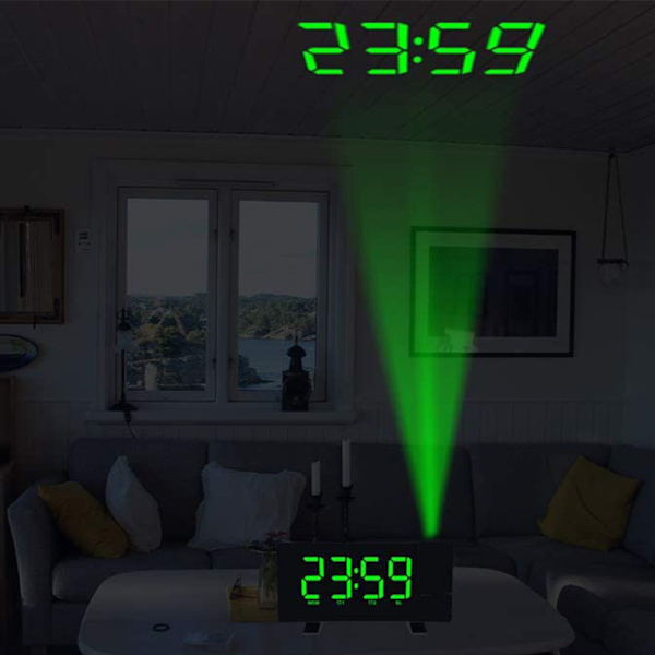 Projektionsväckarklocka, digital väckarklocka med projektion, radioväckarklocka med USB-port, dubbel alarm, 5 alarmtoner med 3 volymer, 0-100%