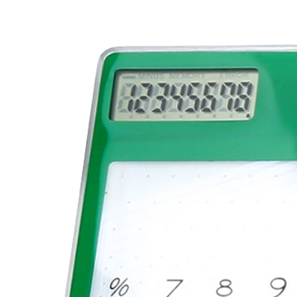 Solcellsladdad miniräknare med pekskärm, 8-siffrig LCD-skärm, bärbar transparent miniräknare för kontor, skola, hem, grön