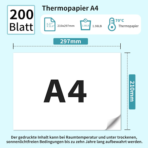 Termiskt papper A4 för bärbara skrivare M08F-A4, kompatibel med Brother PJ762/PJ763MFi, Phomemo M08F, HPRT MT800/MT800Q, snabbtorkande termiskt papper