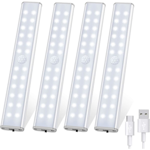 24 LED-lampor för garderob, trådlös, USB-laddningsbar, magnetiserad, rörelsesensor, 4 belysningslägen, bärbar. Skåpslampa, bärbar nödlampa,