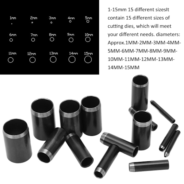 15 stansar i läder med skarpa kanter och hög densitet, 1 till 15 mm hålstans för DIY-läderhantverk