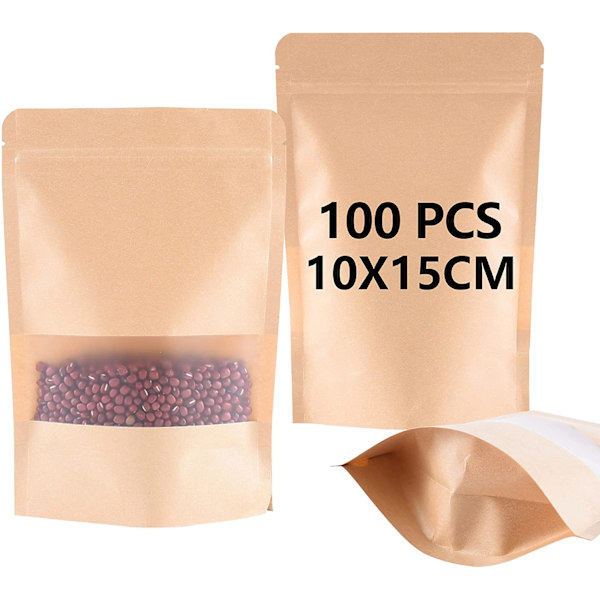 BaoWnylz 100-pack papperspåsar med fönster, ståpåsar med visningsfönster, små papperspåsar som rymmer te (10 x 15 x 3,5 cm), för förpackning