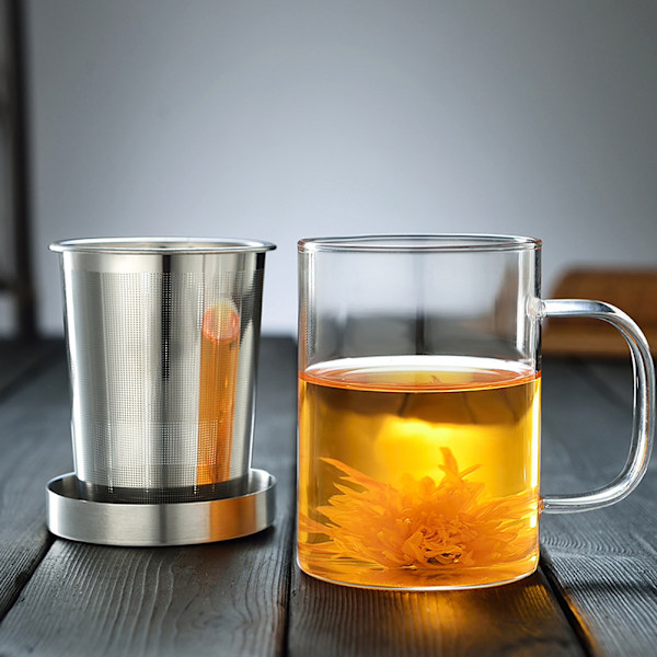 Glas Tekopp för Bryggning Hemma och på Kontoret, Sil i Rostfritt Stål med Lock, Borosilikatglas Tål Extrema Temperaturer