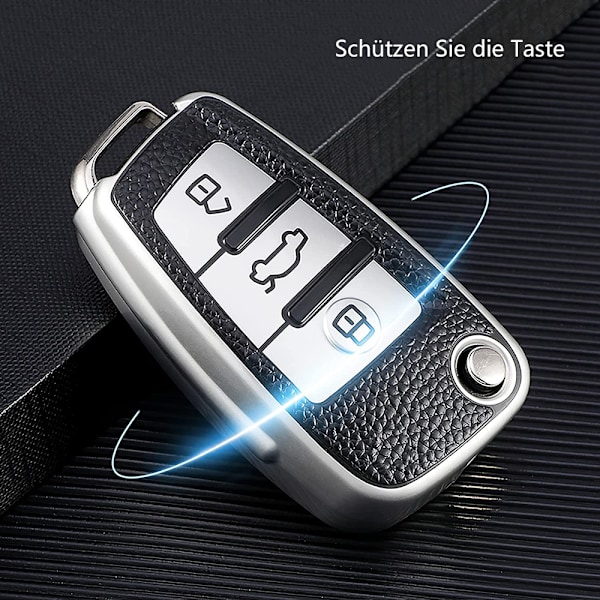 Nyckelskydd lämplig för Audi, bilnyckelskydd för A1 A3 A4 A6 Q3 Q5 Q7 S3 R8 TT silikon TPU läderstruktur skyddande fodral (Silver Leather)