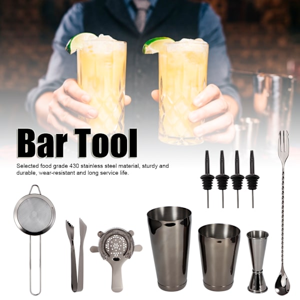 11 st/set Multifunktionell Cocktail Shaker i Rostfritt Stål Verktyg Set Bar Bartender Tillbehör Svart