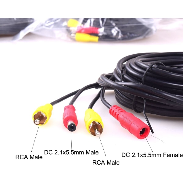 Videokabel för backkamera, bildskärm, CCTV-förlängningssladd, RCA-uttag, phono-kontakt + DC-ström 2,1x5,5 mm-kontakt 2-i-1 10M 32FT