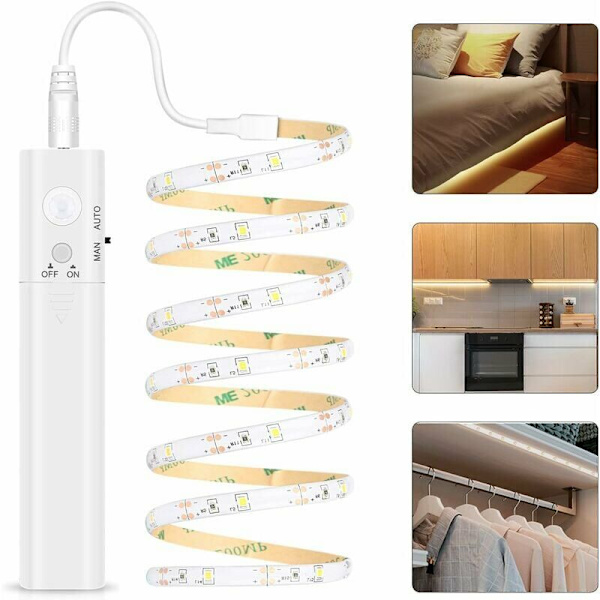 LED-remsa med rörelsesensor - 1M självhäftande batteridriven LED-remsa, IP65 vattentät LED-remsa, batteridriven LED-remsa, 6000K varmvit ljusremsa