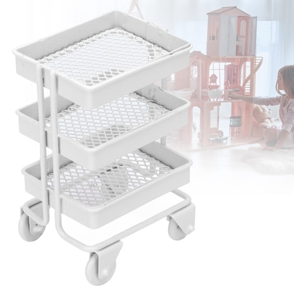 1:12 Miniatyrdockhusleksak 3-nivåers förvaringsställ med hjul för dockhusköksdekoration Vit