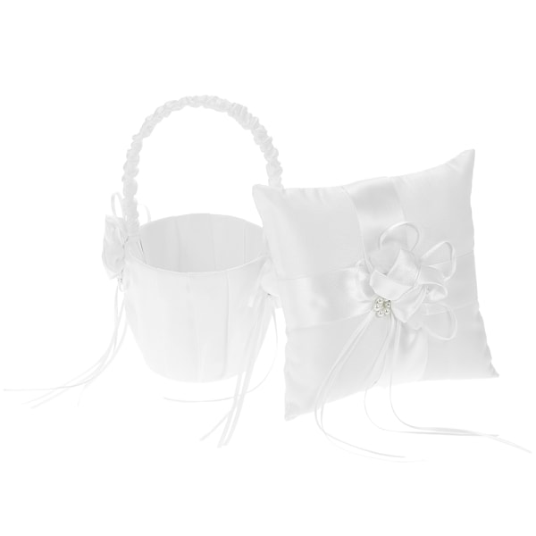 7 * 7 tum Elfenbensvit Satin Blomma Rosett Ringbärare Kudde och Bröllop Blomsterflicka Korg Set