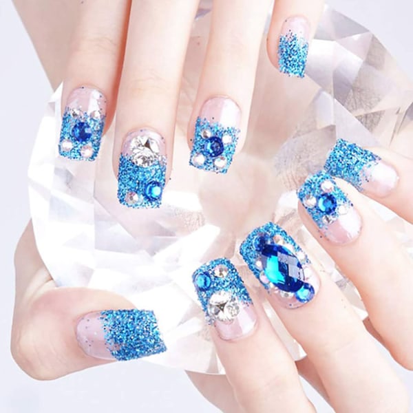 Falska naglar fyrkantiga tryck på naglar blå bröllop glitter full cover akryl falska naglar för kvinnor och flickor 24 st