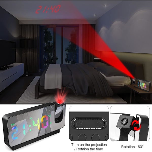 Stilren Projektionsväckarklocka, Digital Klocka med Spegelyta och 180° Roterbar Projektor, Stor LED-Display, USB-Laddare, Sovrum och Kontor