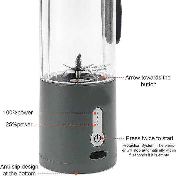 Smoothiemixer, Portabel Blender med BPA-fri Kropp, Sex Blad för Kraftfull Mixning, USB Uppladdningsbart 4000mAh Batteri, Livsmedelsgodkänd Säker för Resor