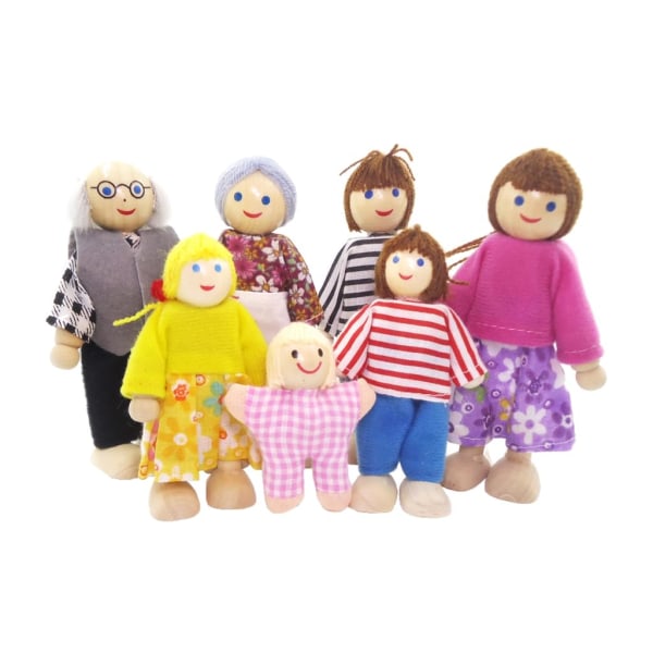 7-personers familjdockor - böjbara dockor av trä och tyg - minidockor för 1:12 miniatyrdockhustillbehör - present