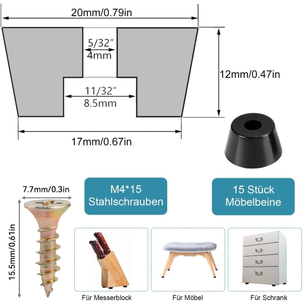 15-pack möbelben, runda svarta, fötter för möbler, diameter 20 x H10,5 mm, skärbräda, skåpben, möbelglidare, gummifötter,