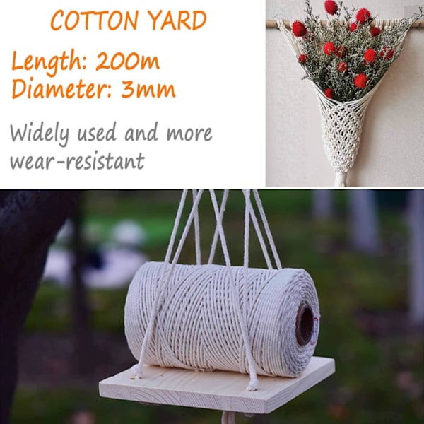 Naturligt bomullsgarn, Macrame bomullsgarn hantverk, DIY hantverkssnöre, Macrame garn, 3mm x 200m Macrame garn för väggbonad, hängande växt, DIY