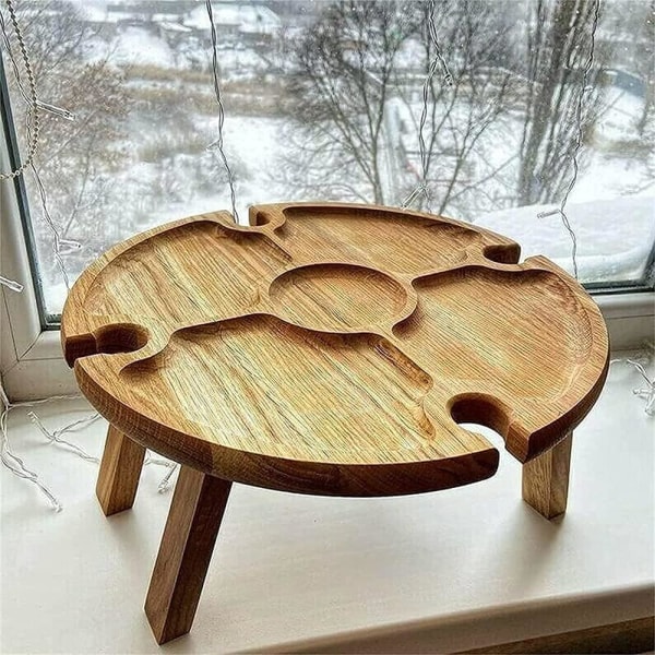 Hopfällbart picknickbord i trä med hållare för vinglas - Bärbar kreativ 2-i-1-vinglashållare och fack för ost och frukt för utomhusbruk
