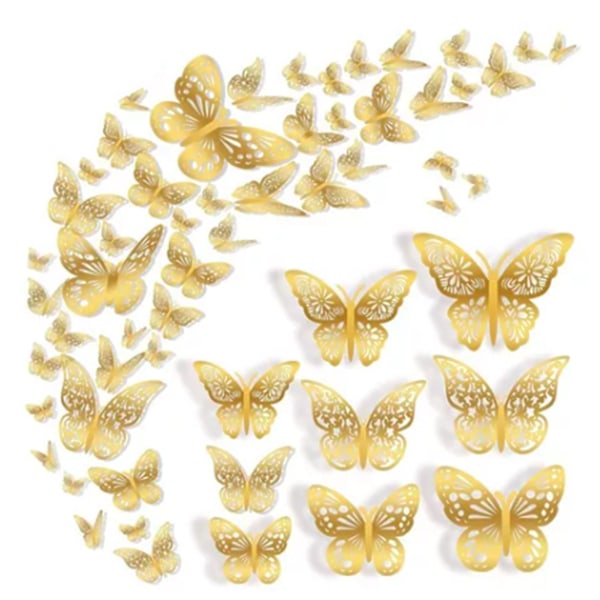 72 st Butterfly Wall Decor Flyttbar 3D ihålig fjäril dekorationer för sovrum bröllopstårta dekor guld