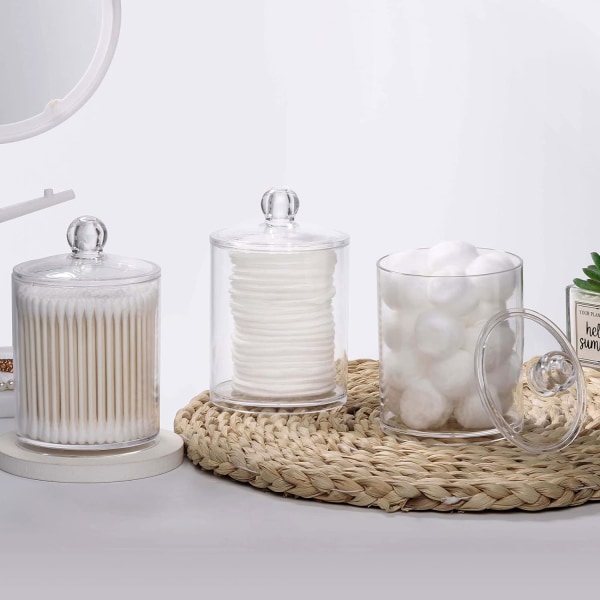 3-pack bomullstussbollhållare, 12 oz Qtip-apoteksburk, genomskinlig sminkorganisatör, behållare för badrum