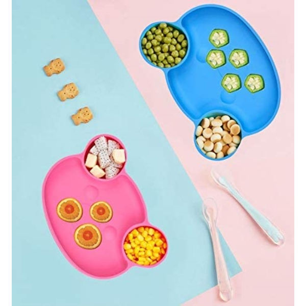 Baby Silikon Sugkopp Tallrik, Baby Silikon Placemat, Barn Tallrik med 3 Fack för att Uppmuntra Ditt Barn att Äta Självständigt, BPA-Fri