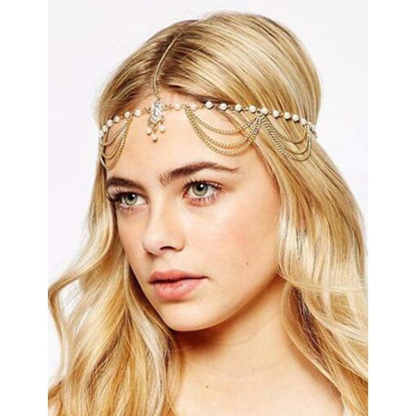 Strass Boho Hårkedja, Kristall Festival Hårkedja för Kvinnor, Justerbar Längd, Brudhårssmycken med Gyllene Övergripande Charm, Perfekt Balfrisyr