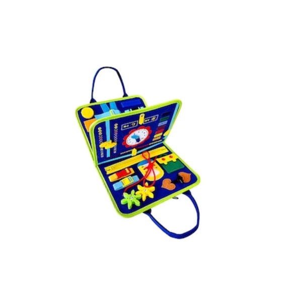 Sensorisk interaktiv leksak, Busy board textil, Montessori, Väska typ bok, För resor, blå