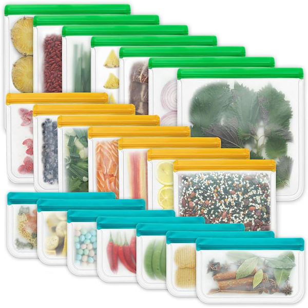 21-pack återanvändbara förvaringspåsar BPA-fria, läckagesäkra fryspåsar (7 återanvändbara gallonpåsar + 7 återanvändbara smörgåspåsar + 7 återanvändbara mellanmålspåsar) Lunch