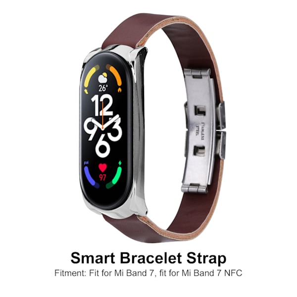 Rostfritt stål PU-läderrem med stötfångarskydd Smartwatch ersättningstillbehör Passar för Mi Band 7 Brun och silver