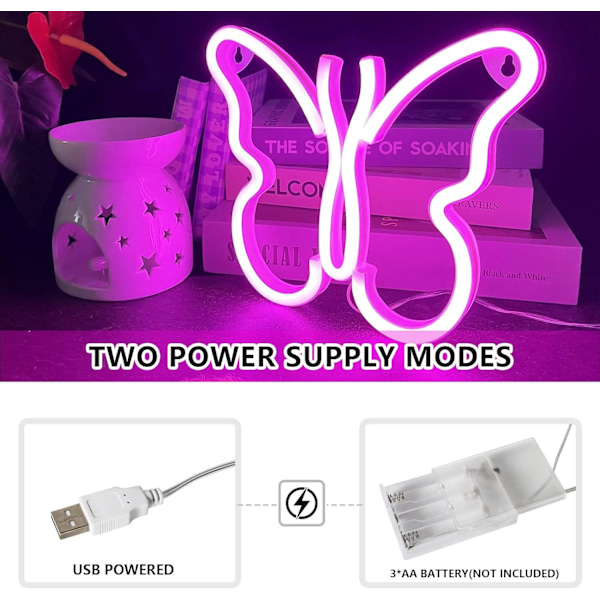 Fjärilsneonljusskylt - Rosa LED-neonljus för väggdekor, USB- eller batteridriven för sovrum, barnrum, vardagsrum, bar, fest, jul,
