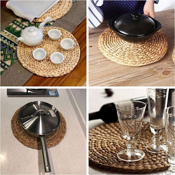 4-pack Stora Runda Vävda Underlägg för Matbord, Vattenhyacint Straw Flätad Underlägg, Värmebeständig Halksäker Vävd Underlägg Handgjorda (Vatten