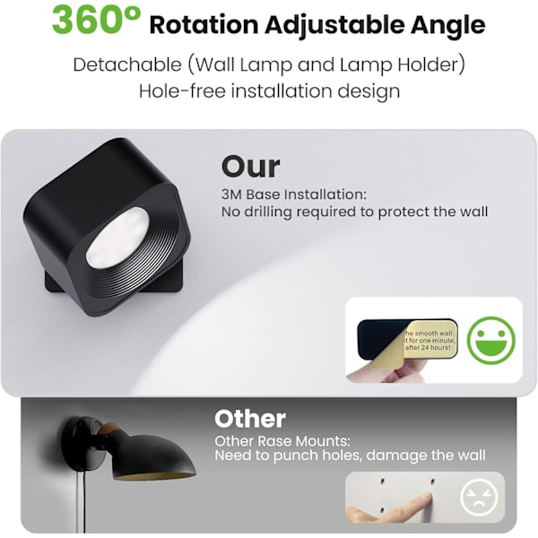 Vägglampa inomhus, 3 ljusstyrkor 3 temperaturer Touch LED-vägglampa, 360° roterande vägglampa, vägglampa vid sängen USB-laddning vägglampor
