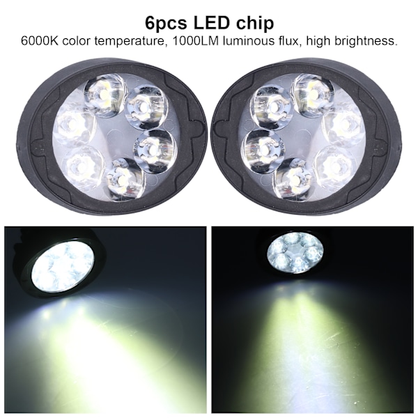 2 st 12V 6LED Bakspelspegel-strålkastare 6000K 1000LM Hög/Låg Strålkastare för Motorcykel