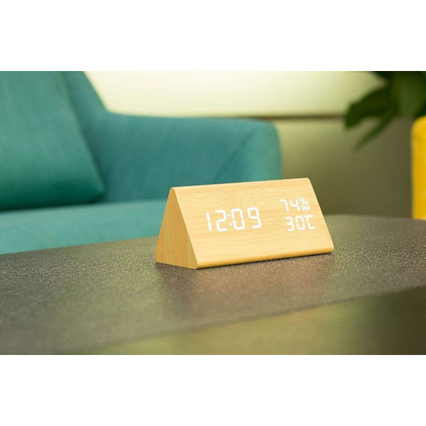 LED-väckarklocka i trä, digital klocka med 3 alarm inställningar, USB-driven digital väckarklocka som visar tid, temperatur och luftfuktighet,