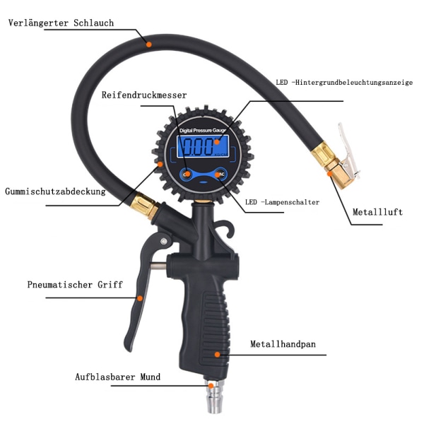 Digital Däckpump med Däcktrycksmätare, LCD-Skärm, Lufttrycksmätare, Komprimerad Luft, Hög Precision